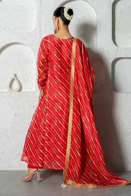 Shop_Yuvraani Jaipur_Red Kota Doria, Cotton Embroidery, Lace Diagonal Stripe Print Anarkali Pant Set _at_Aza_Fashions