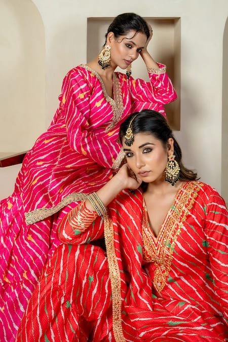 Yuvraani Jaipur_Red Kota Doria, Cotton Embroidery, Lace Diagonal Stripe Print Anarkali Pant Set _Online_at_Aza_Fashions
