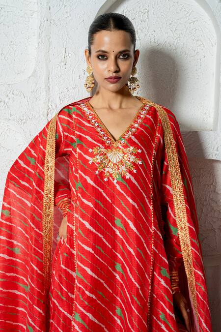 Buy_Yuvraani Jaipur_Red Kota Doria, Cotton Embroidery, Lace Diagonal Stripe Print Anarkali Pant Set 