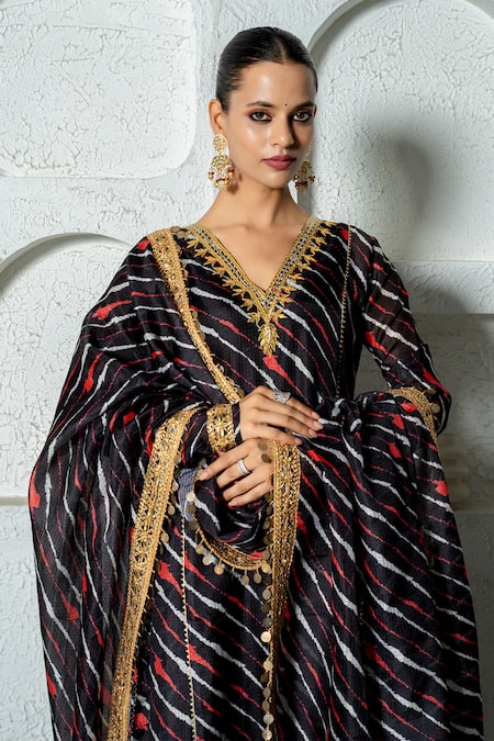 Shop_Yuvraani Jaipur_Black Kota Doria, Cotton Patti, Embroidery Work Detailed Anarkali Set _Online_at_Aza_Fashions