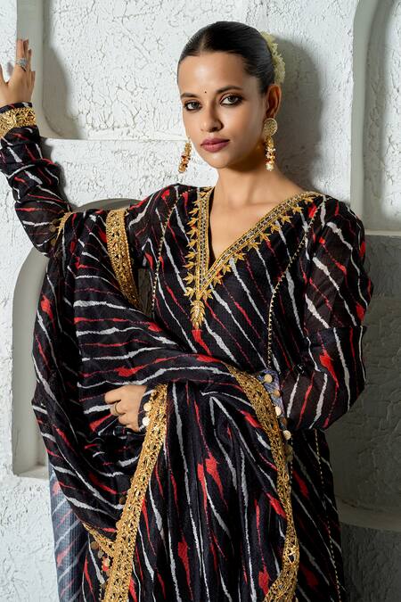 Yuvraani Jaipur_Black Kota Doria, Cotton Patti, Embroidery Work Detailed Anarkali Set _at_Aza_Fashions