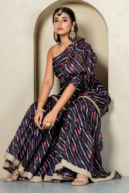 Shop_Yuvraani Jaipur_Black Kota Doria, Cotton Patti, Lace One Stripe Printed Kurta With Sharara _Online_at_Aza_Fashions