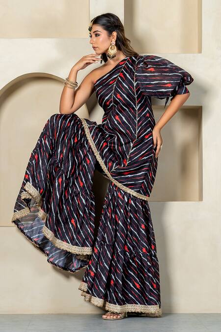 Yuvraani Jaipur_Black Kota Doria, Cotton Patti, Lace One Stripe Printed Kurta With Sharara _at_Aza_Fashions