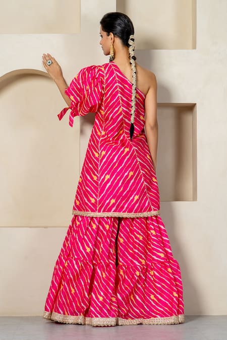 Shop_Yuvraani Jaipur_Pink Kota Doria, Cotton Patti, Lace One Stripe Printed Kurta And Sharara Set _at_Aza_Fashions
