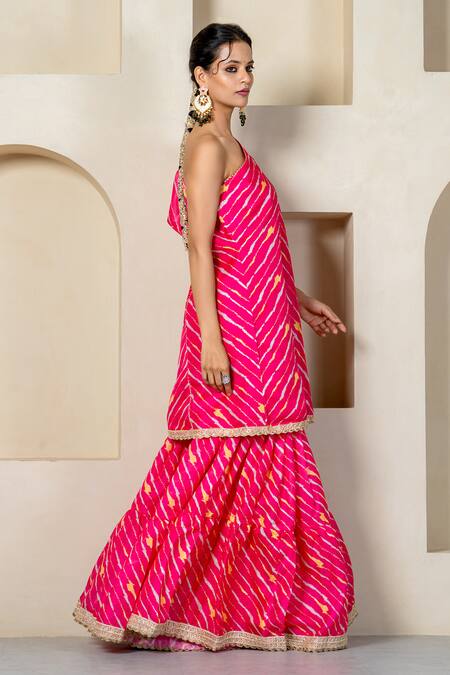 Yuvraani Jaipur_Pink Kota Doria, Cotton Patti, Lace One Stripe Printed Kurta And Sharara Set _Online_at_Aza_Fashions