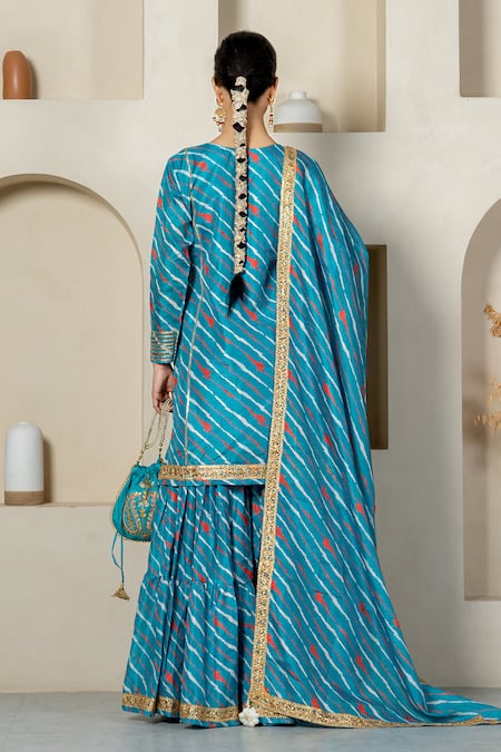 Yuvraani Jaipur_Green Kota Doria, Cotton Patti, Lace Diagonal Stripe Printed Sharara Set _Online_at_Aza_Fashions