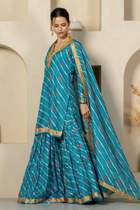 Buy_Yuvraani Jaipur_Green Kota Doria, Cotton Patti, Lace Diagonal Stripe Printed Sharara Set _Online_at_Aza_Fashions