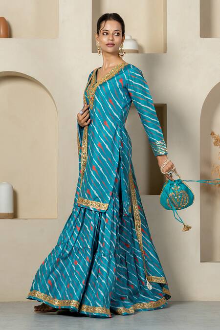 Shop_Yuvraani Jaipur_Green Kota Doria, Cotton Patti, Lace Diagonal Stripe Printed Sharara Set _Online_at_Aza_Fashions