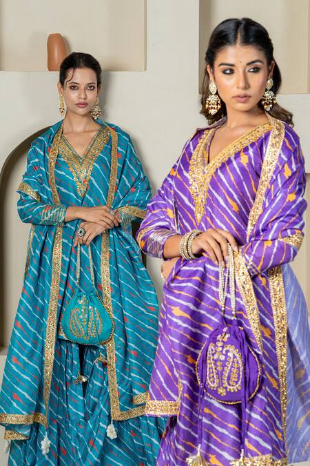 Buy_Yuvraani Jaipur_Green Kota Doria, Cotton Patti, Lace Diagonal Stripe Printed Sharara Set 