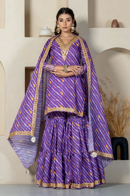 Yuvrani Jaipur Purple Kota Doriya Digital Printed Stripe V Neck Diagonal Kurta Sharara Set 