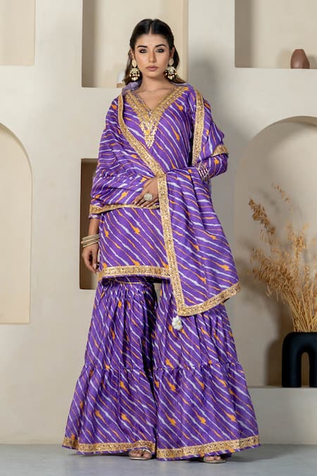 Yuvraani Jaipur_Purple Kota Doria, Cotton Patti, Diagonal Stripe Printed Kurta Sharara Set _Online_at_Aza_Fashions