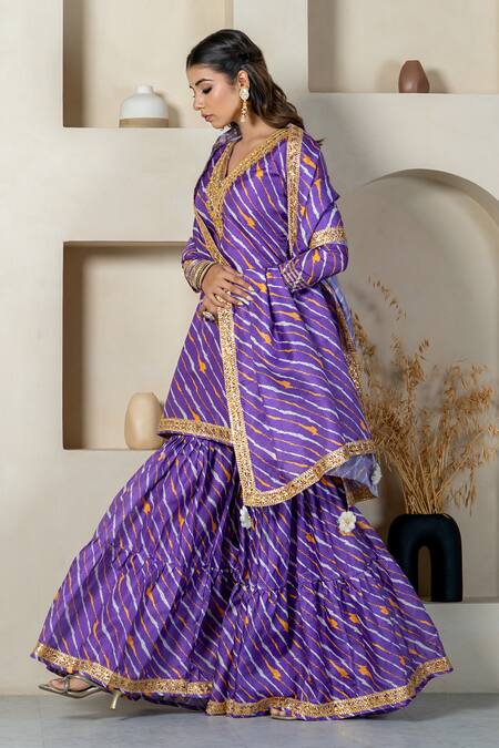 Buy_Yuvraani Jaipur_Purple Kota Doria, Cotton Patti, Diagonal Stripe Printed Kurta Sharara Set _Online_at_Aza_Fashions
