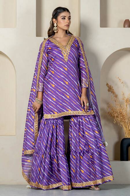 Shop_Yuvraani Jaipur_Purple Kota Doria, Cotton Patti, Diagonal Stripe Printed Kurta Sharara Set _Online_at_Aza_Fashions