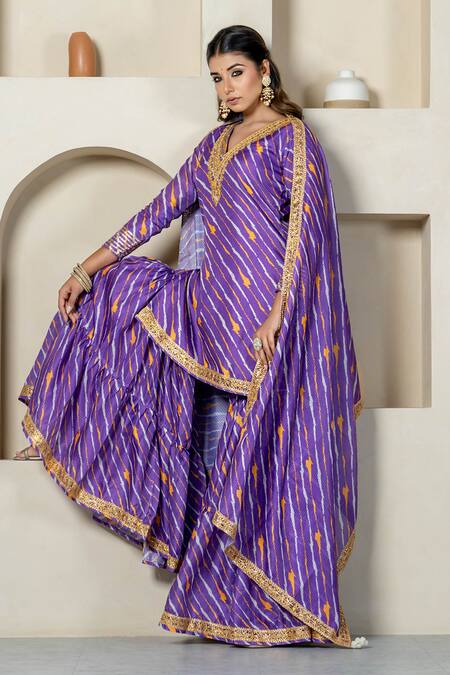 Yuvraani Jaipur_Purple Kota Doria, Cotton Patti, Diagonal Stripe Printed Kurta Sharara Set _at_Aza_Fashions