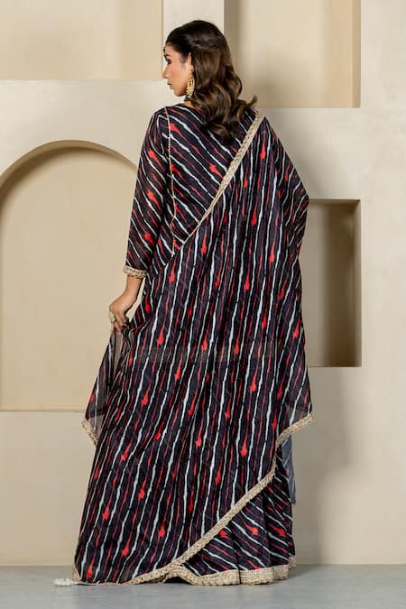 Yuvraani Jaipur_Black Kota Doria, Cotton Patti, Lace Stripe Printed Kurta Sharara Set _Online_at_Aza_Fashions