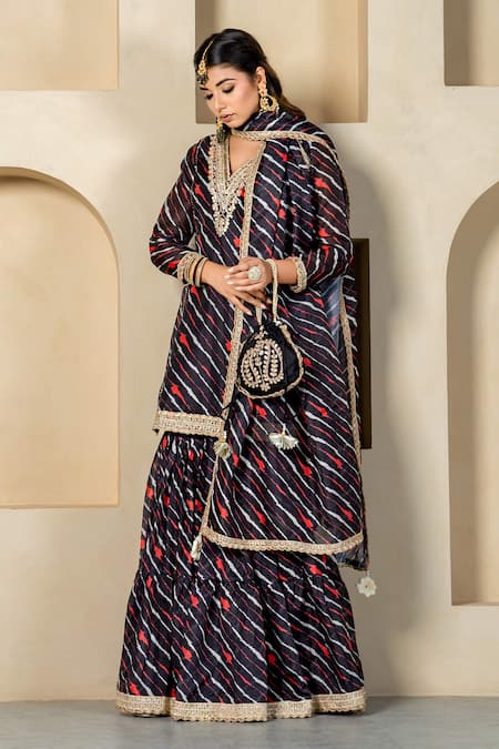 Buy_Yuvraani Jaipur_Black Kota Doria, Cotton Patti, Lace Stripe Printed Kurta Sharara Set _Online_at_Aza_Fashions