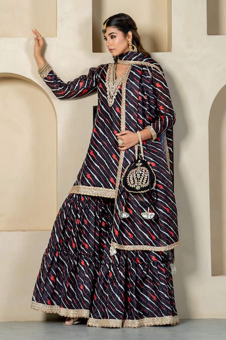 Shop_Yuvraani Jaipur_Black Kota Doria, Cotton Patti, Lace Stripe Printed Kurta Sharara Set _Online_at_Aza_Fashions
