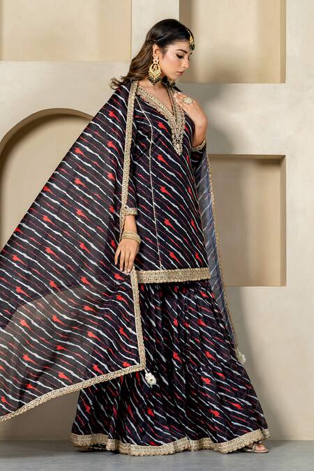Yuvraani Jaipur_Black Kota Doria, Cotton Patti, Lace Stripe Printed Kurta Sharara Set _at_Aza_Fashions