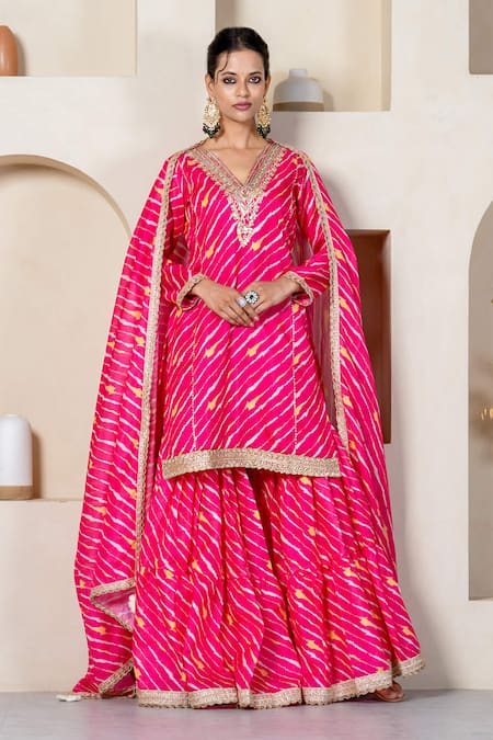 Yuvrani Jaipur Pink Kota Doriya Digital Printed Stripe V Neck Kurta Sharara Set With Potli Bag 