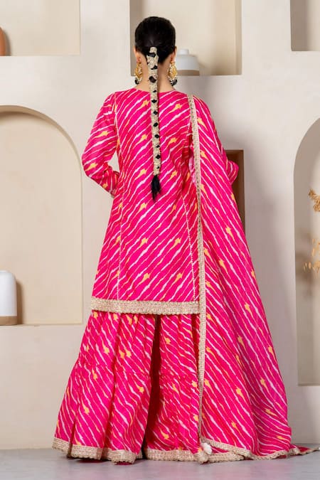 Yuvraani Jaipur_Pink Kota Doria, Cotton Stripe Printed Kurta Sharara Set With Potli Bag _Online_at_Aza_Fashions