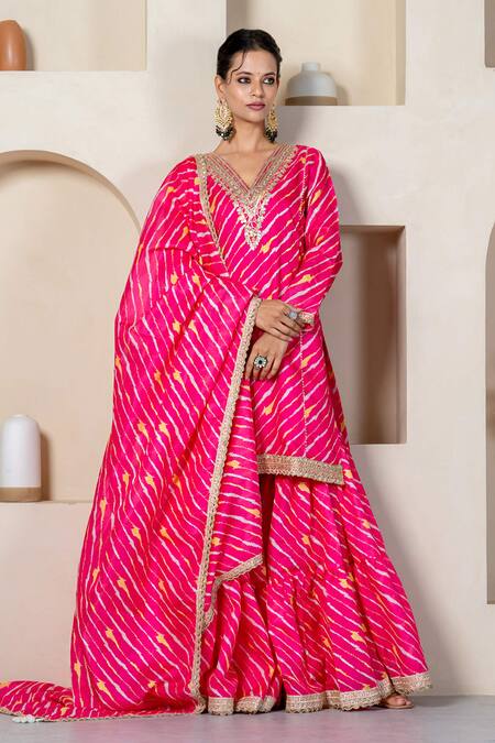 Buy_Yuvraani Jaipur_Pink Kota Doria, Cotton Stripe Printed Kurta Sharara Set With Potli Bag _Online_at_Aza_Fashions