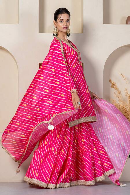 Shop_Yuvraani Jaipur_Pink Kota Doria, Cotton Stripe Printed Kurta Sharara Set With Potli Bag _Online_at_Aza_Fashions