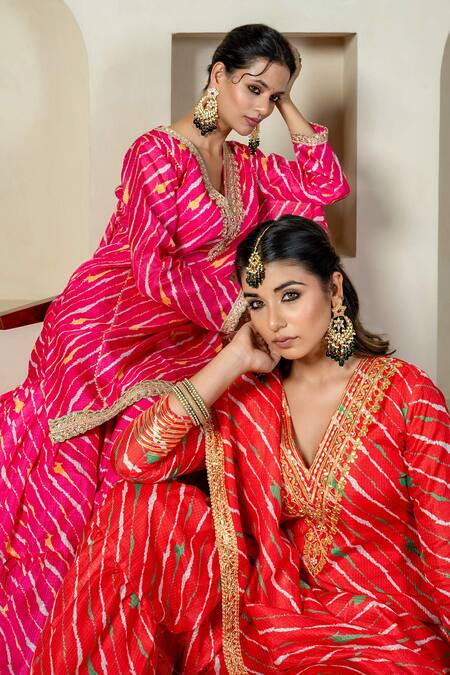 Buy_Yuvraani Jaipur_Pink Kota Doria, Cotton Stripe Printed Kurta Sharara Set With Potli Bag 