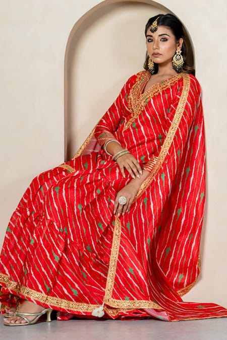 Shop_Yuvraani Jaipur_Red Kota Doria, Cotton Patti, Lace V-neck Stripe Printed Sharara Set _Online_at_Aza_Fashions