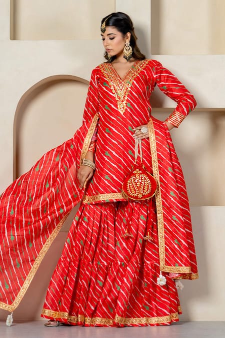 Yuvraani Jaipur_Red Kota Doria, Cotton Patti, Lace V-neck Stripe Printed Sharara Set _at_Aza_Fashions