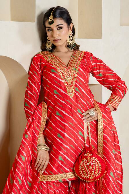 Buy_Yuvraani Jaipur_Red Kota Doria, Cotton Patti, Lace V-neck Stripe Printed Sharara Set 