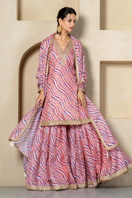 Yuvrani Jaipur Peach Kota Doriya Digital Printed Stripe V Neck Embellished Kurta Sharara Set 