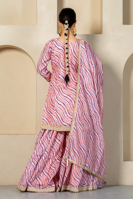 Yuvraani Jaipur_Peach Kota Doria, Cotton Embroidery, Lace, Embellished Kurta Sharara Set _Online_at_Aza_Fashions