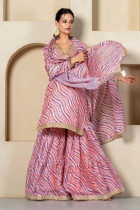 Shop_Yuvraani Jaipur_Peach Kota Doria, Cotton Embroidery, Lace, Embellished Kurta Sharara Set _Online_at_Aza_Fashions