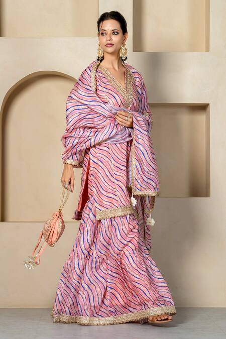 Buy_Yuvraani Jaipur_Peach Kota Doria, Cotton Embroidery, Lace, Embellished Kurta Sharara Set 