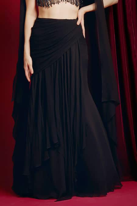 Shop Aayushi Maniar Black Georgette, Net Sequins Round Neck Draped Skirt With Hand Embroidered Top Online at Aza Fashions Shop_Aayushi Maniar_Black Georgette, Net Sequins Round Neck Draped Skirt With Hand Embroidered Top _Online_at_Aza_Fashions