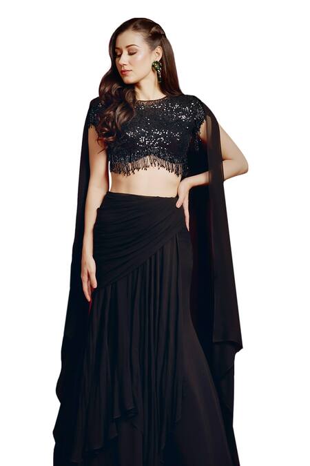 Aayushi Maniar Black Georgette, Net Sequins Round Neck Draped Skirt With Hand Embroidered Top at Aza Fashions Aayushi Maniar_Black Georgette, Net Sequins Round Neck Draped Skirt With Hand Embroidered Top _at_Aza_Fashions
