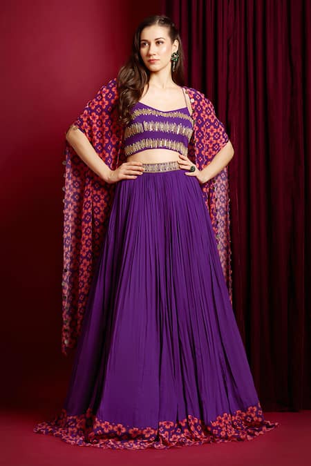 Aayushi Maniar Purple Cape Crepe Silk Hand Embroidered Glass Beads Blouse Lehenga Set With 