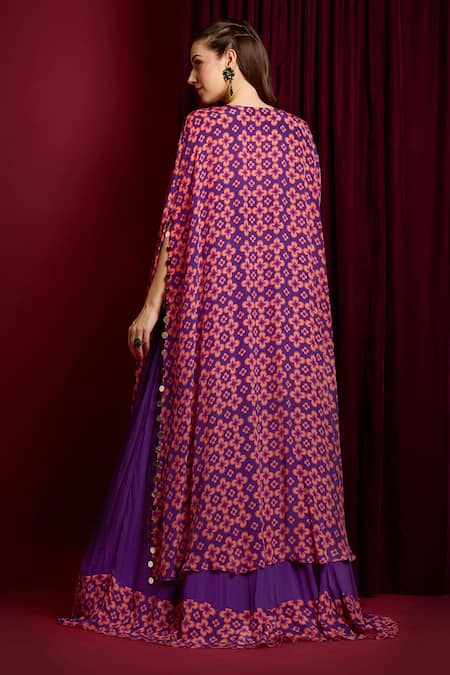 Shop Aayushi Maniar Purple Georgette, Crepe Beads, Sequins Hand Embroidered Lehenga Set With Cape at Aza Fashions Shop_Aayushi Maniar_Purple Georgette, Crepe Beads, Sequins Hand Embroidered Lehenga Set With Cape _at_Aza_Fashions