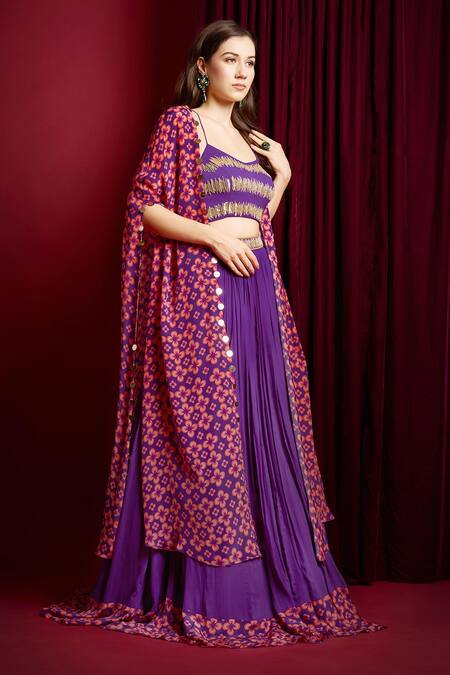 Aayushi Maniar Purple Georgette, Crepe Beads, Sequins Hand Embroidered Lehenga Set With Cape Online at Aza Fashions Aayushi Maniar_Purple Georgette, Crepe Beads, Sequins Hand Embroidered Lehenga Set With Cape _Online_at_Aza_Fashions