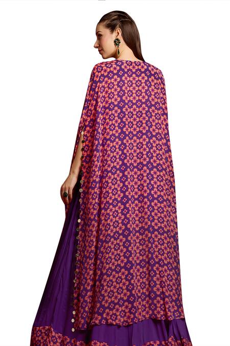 Shop Aayushi Maniar Purple Georgette, Crepe Beads, Sequins Hand Embroidered Lehenga Set With Cape Online at Aza Fashions Shop_Aayushi Maniar_Purple Georgette, Crepe Beads, Sequins Hand Embroidered Lehenga Set With Cape _Online_at_Aza_Fashions