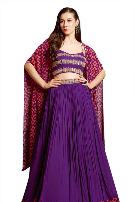 Shop Aayushi Maniar Purple Georgette, Crepe Beads, Sequins Hand Embroidered Lehenga Set With Cape Shop_Aayushi Maniar_Purple Georgette, Crepe Beads, Sequins Hand Embroidered Lehenga Set With Cape