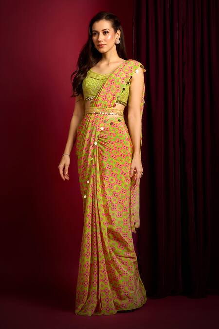 Aayushi Maniar Pink Crepe, Silk, Georgette Beads, Geometric Floral Print Saree With Blouse Online at Aza Fashions Aayushi Maniar_Pink Crepe, Silk, Georgette Beads, Geometric Floral Print Saree With Blouse _Online_at_Aza_Fashions