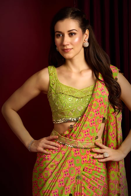 Buy Aayushi Maniar Pink Crepe, Silk, Georgette Beads, Geometric Floral Print Saree With Blouse Online at Aza Fashions Buy_Aayushi Maniar_Pink Crepe, Silk, Georgette Beads, Geometric Floral Print Saree With Blouse _Online_at_Aza_Fashions