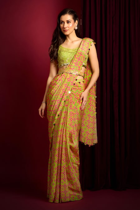 Buy Aayushi Maniar Pink Crepe, Silk, Georgette Beads, Geometric Floral Print Saree With Blouse Buy_Aayushi Maniar_Pink Crepe, Silk, Georgette Beads, Geometric Floral Print Saree With Blouse