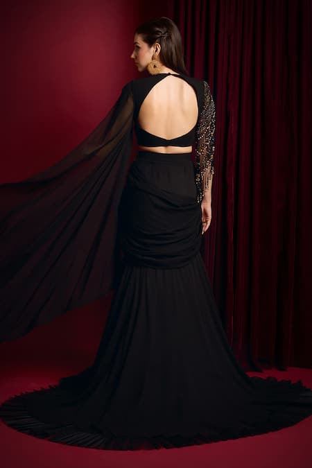 Shop_Aayushi Maniar_Black Georgette Crystals Round Neck Draped Skirt With Top _at_Aza_Fashions