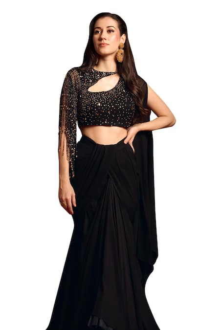 Shop_Aayushi Maniar_Black Georgette Crystals Round Neck Draped Skirt With Top _Online_at_Aza_Fashions