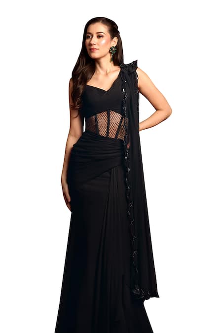 Buy_Aayushi Maniar_Black Georgette Sequins, Beads V-neck Hand Embroidered Corset Saree Gown 