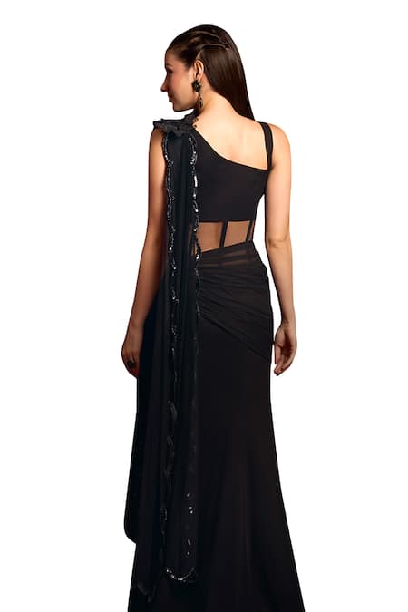 Shop_Aayushi Maniar_Black Georgette Sequins, Beads V-neck Hand Embroidered Corset Saree Gown 