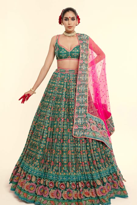 Rajbinder Chahal Green Georgette Print Floral Leaf Embroidered Blouse And Lehenga Set 