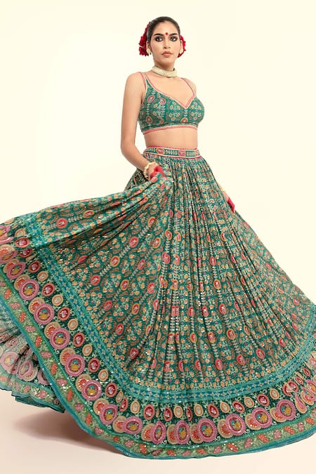 Rajbinder Chahal_Green Georgette Embroidery, Sequins, Lace Floral Blouse And Lehenga Set _Online_at_Aza_Fashions